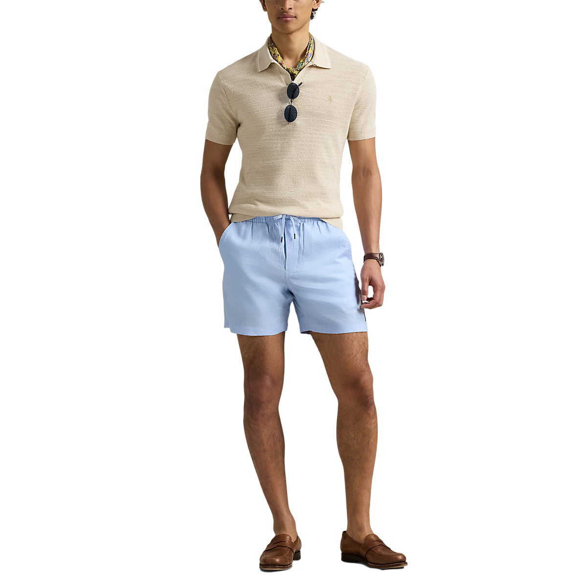 RALPH LAUREN - Short Polo prepster en lin Bleu ciel