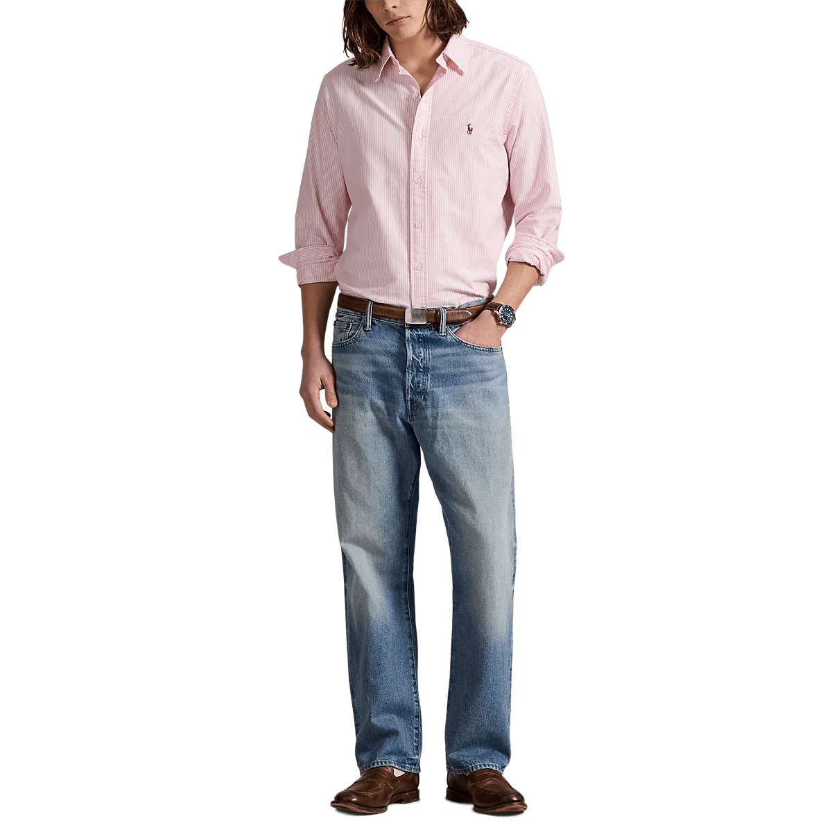 POLO RALPH LAUREN - Chemise rayé ajustée popeline stretch Rose et blanc