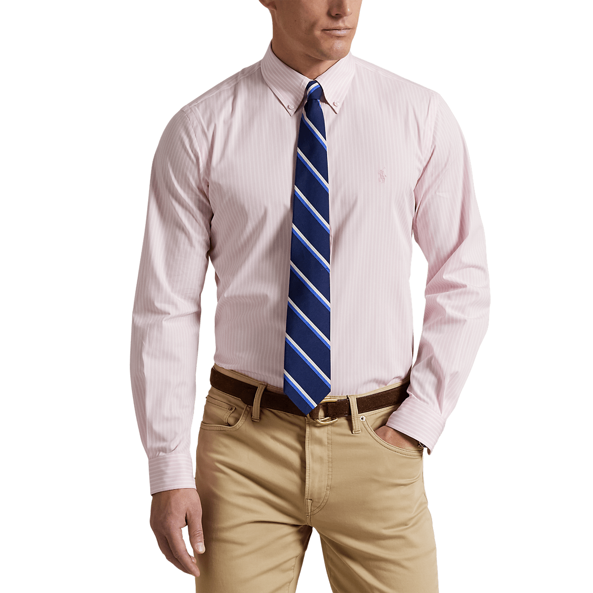 POLO RALPH LAUREN - Chemise rayée ajustée popeline stretch Rose et blanc