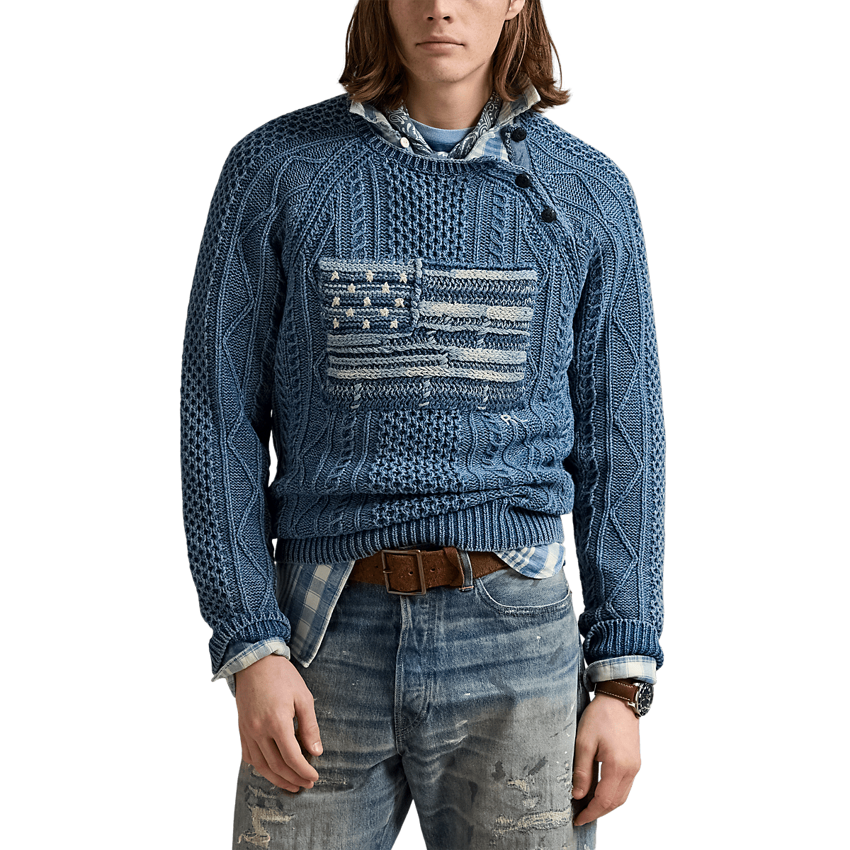 RALPH LAUREN - Sweter z dzianiny Blue Aran Knit Flag