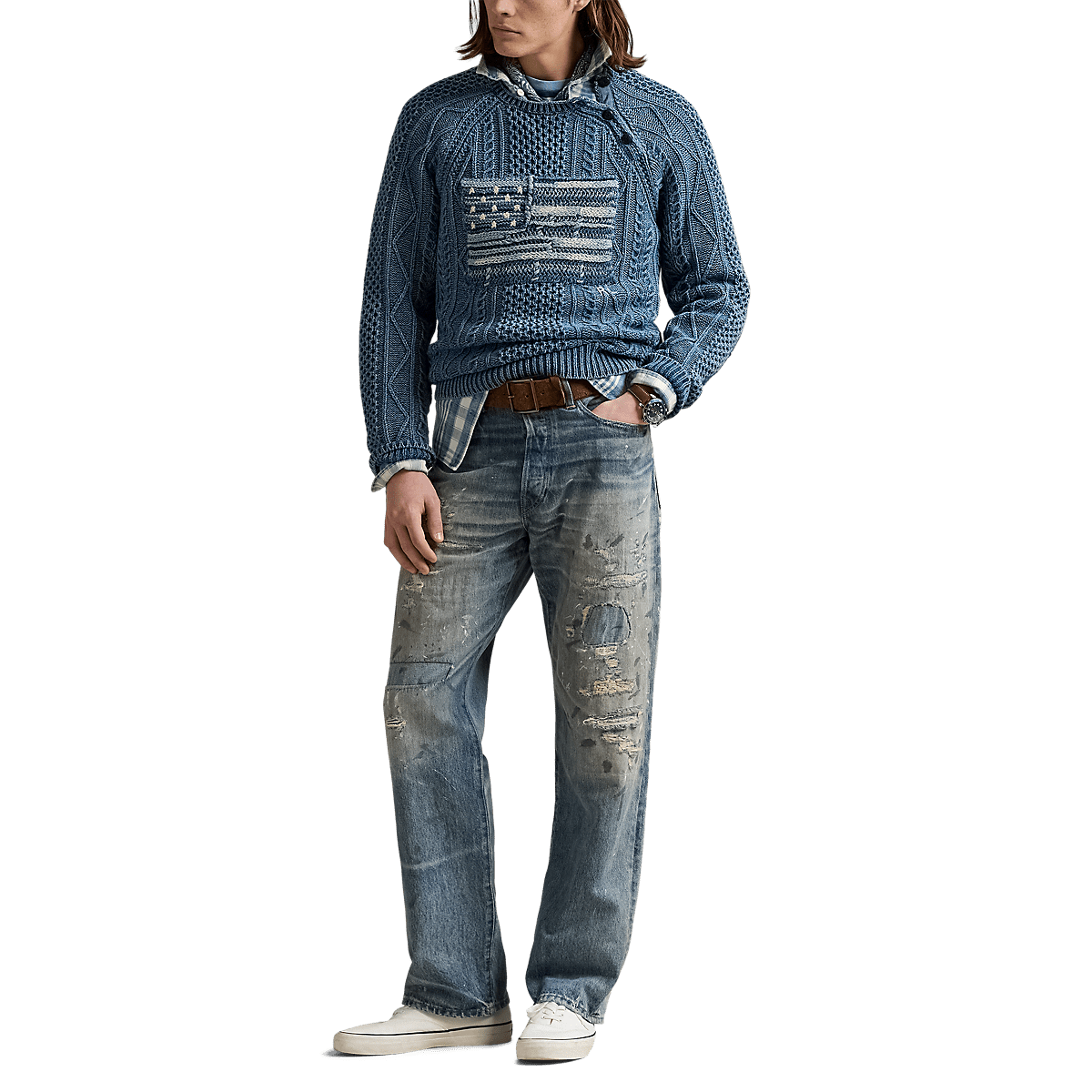 RALPH LAUREN - Sweter z dzianiny Blue Aran Knit Flag