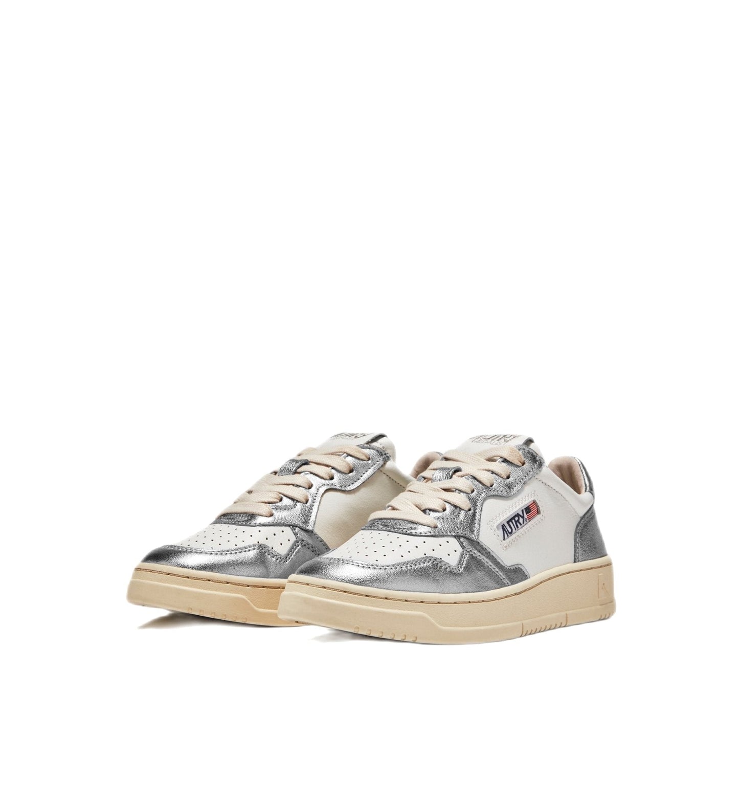 AUTRY - Basket basse cuir blanc et argent métallisé