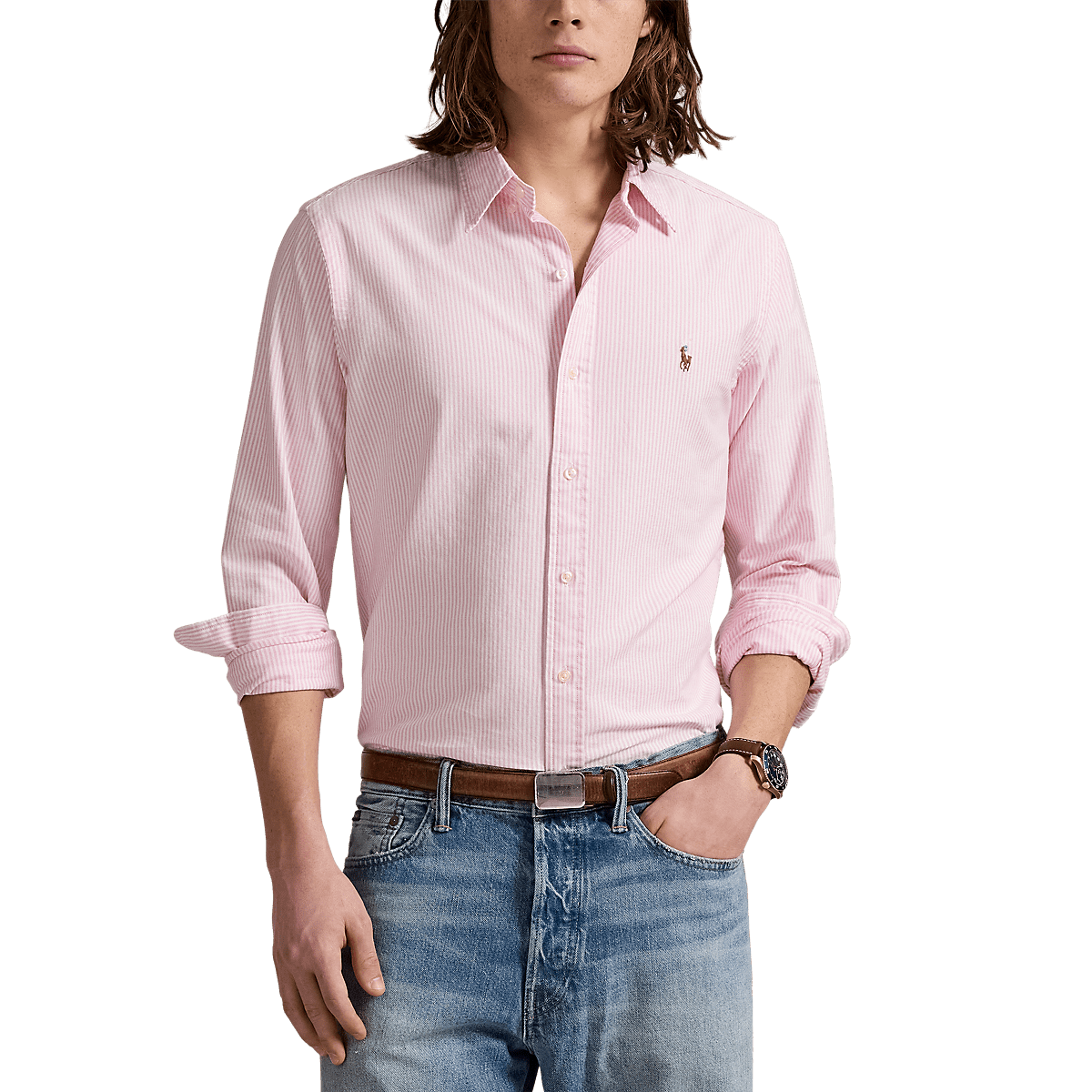 POLO RALPH LAUREN - Chemise rayé ajustée popeline stretch Rose et blanc