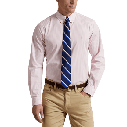 POLO RALPH LAUREN - Chemise rayée ajustée popeline stretch Rose et blanc