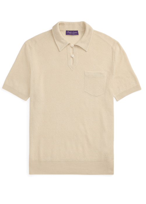PURPLE LABEL - RALPH LAUREN - Pull texturé col polo soie et lin Beige - Lothaire