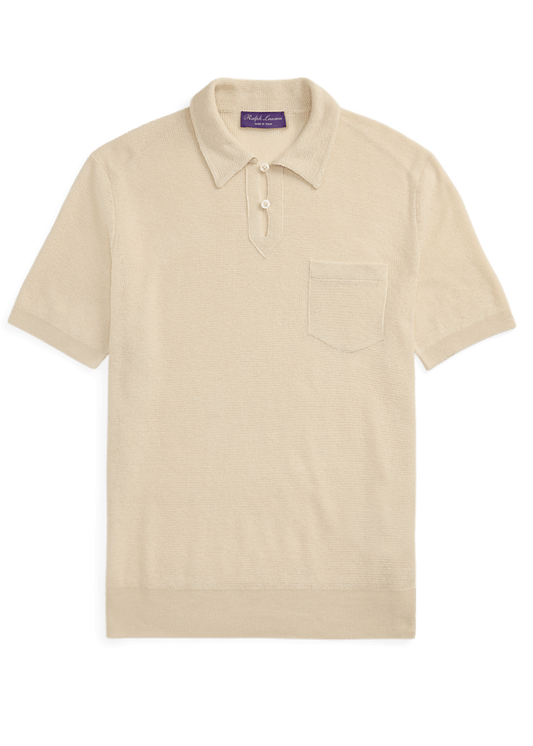 PURPLE LABEL - RALPH LAUREN - Pull texturé col polo soie et lin Beige - Lothaire