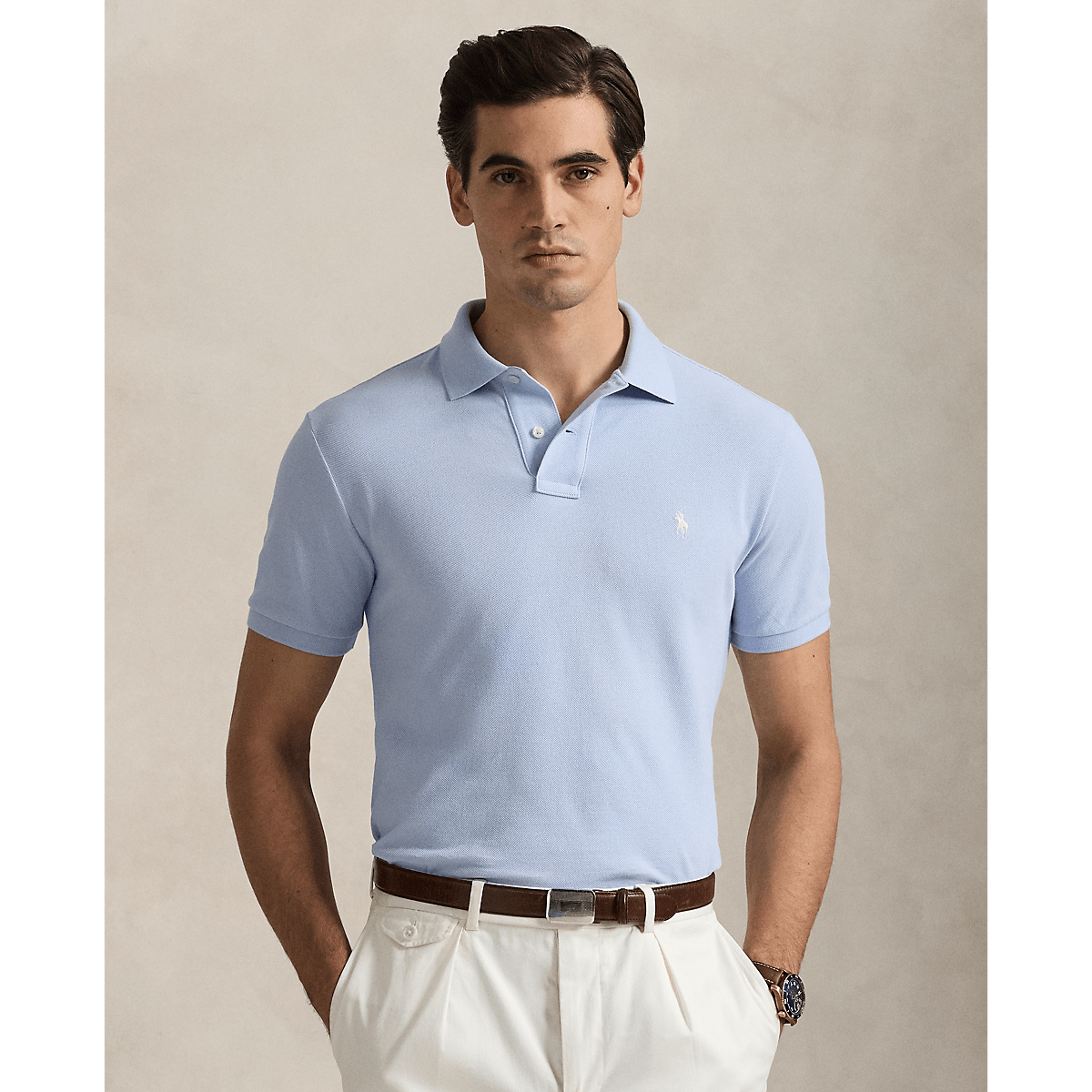 RALPH LAUREN - Polo coupe ajustée en piqué Bleu ciel