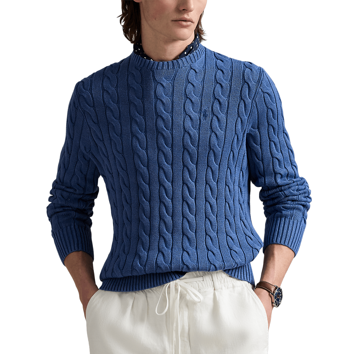 RALPH LAUREN - Pull torsadé en coton teint en pièce Bleu